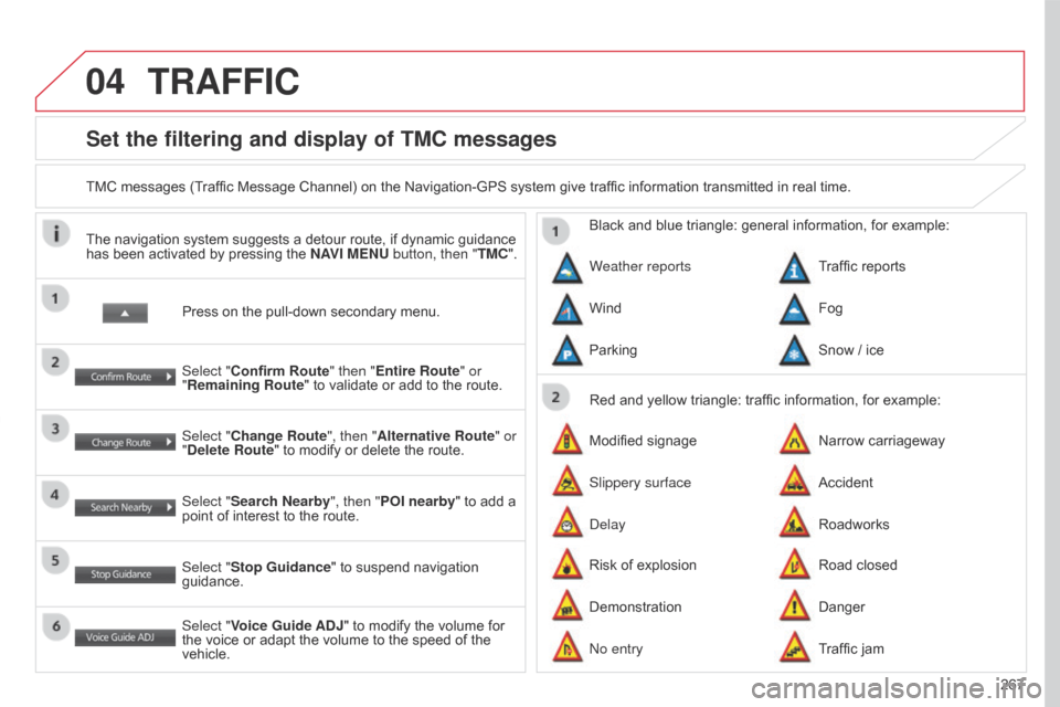 Citroen C4 AIRCROSS 2017 1.G Owners Manual 04
267
C4-Aircross_en_Chap10b_Mitsu6_ed01-2016
Set the filtering and display of TMC messages
TMC messages (Traffic Message Channel) on the Navigation-GPS system give traffic information transmitted in Citroen C4 AIRCROSS 2017 1.G Owners Manual 04
267
C4-Aircross_en_Chap10b_Mitsu6_ed01-2016
Set the filtering and display of TMC messages
TMC messages (Traffic Message Channel) on the Navigation-GPS system give traffic information transmitted in