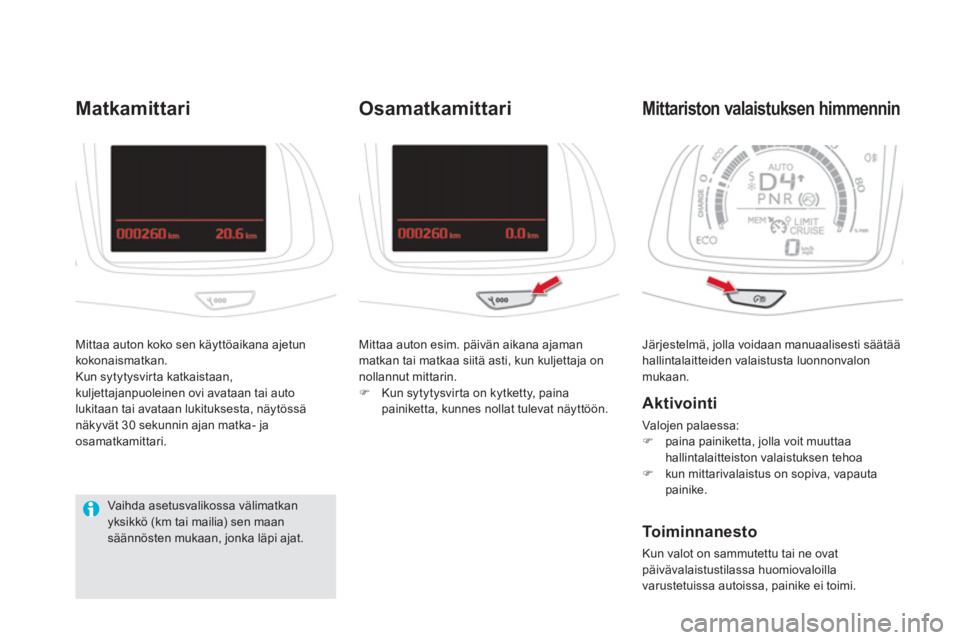 CITROEN DS5 HYBRID 2012  Omistajan Käsikirjat (in Finnish)  Järjestelmä, jolla voidaan manuaalisesti säätäähallintalaitteiden valaistusta luonnonvalonmukaan. 
Mittariston valaistuksen himmennin 
   
Aktivointi
 
Valojen palaessa: 
�)paina painiketta, jo