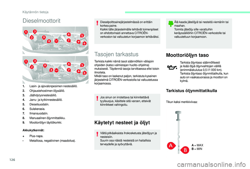 CITROEN JUMPER 2019  Omistajan Käsikirjat (in Finnish) 126
Dieselmoottorit
1.Lasin- ja ajovalonpesimen nestesäiliö.
2. Ohjaustehostimen öljysäiliö.
3. Jäähdytysnestesäiliö.
4. Jarru- ja kytkinnestesäiliö.
5. Dieselsuodatin.
6. Sulakerasia.
7. I