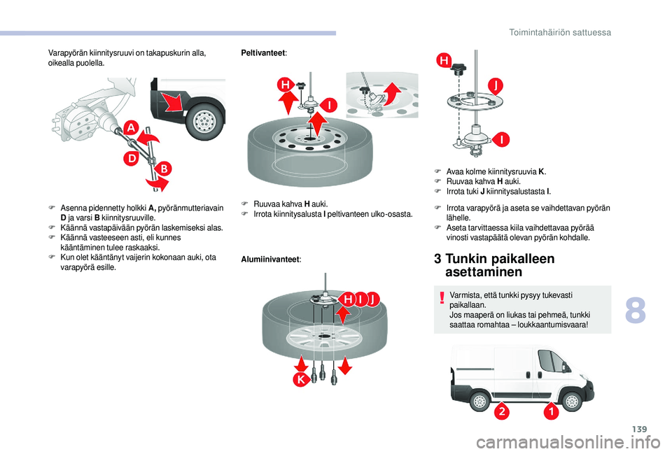 CITROEN JUMPER 2019  Omistajan Käsikirjat (in Finnish) 139
Varapyörän kiinnitysruuvi on takapuskurin alla, 
oikealla puolella.Peltivanteet
:
Alumiinivanteet :
F
 A

senna pidennetty holkki A,  pyöränmutteriavain 
D  ja varsi B  kiinnitysruuville.
F
 K