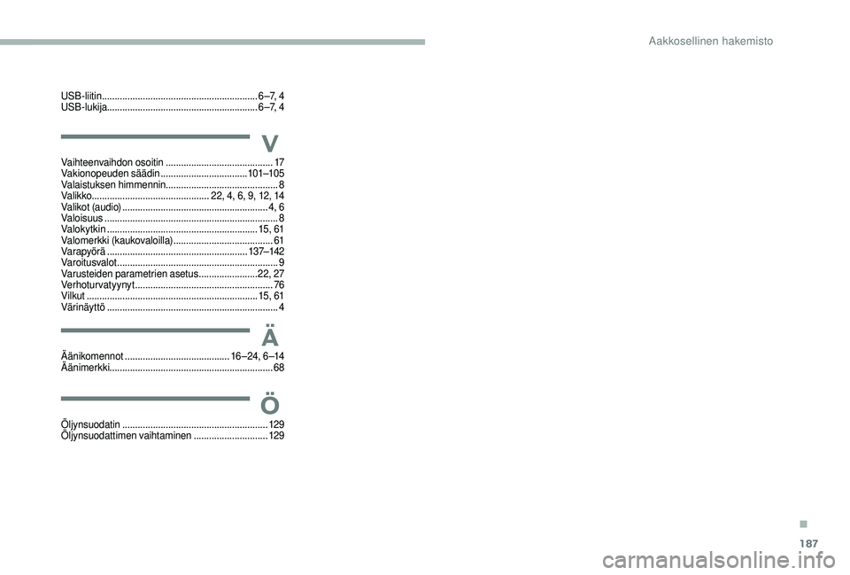 CITROEN JUMPER 2019 Omistajan Käsikirjat (in Finnish) 187
V
Ä
Ö
Vaihteenvaihdon osoitin .......................................... 17
Vakionopeuden säädin .................................. 10
1–105
Valaistuksen himmennin .......................... CITROEN JUMPER 2019 Omistajan Käsikirjat (in Finnish) 187
V
Ä
Ö
Vaihteenvaihdon osoitin .......................................... 17
Vakionopeuden säädin .................................. 10
1–105
Valaistuksen himmennin ..........................