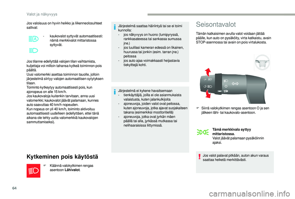 CITROEN JUMPER 2019 Omistajan Käsikirjat (in Finnish) 64
Jos valoisuus on hyvin heikko ja liikenneolosuhteet
sallivat:
Jos tilanne edellyttää valojen tilan vaihtamista,
kuljettaja voi milloin tahansa kytkeä toiminnon pois
päältä.
Uusi valomerkki CITROEN JUMPER 2019 Omistajan Käsikirjat (in Finnish) 64
Jos valoisuus on hyvin heikko ja liikenneolosuhteet
sallivat:
Jos tilanne edellyttää valojen tilan vaihtamista,
kuljettaja voi milloin tahansa kytkeä toiminnon pois
päältä.
Uusi valomerkki