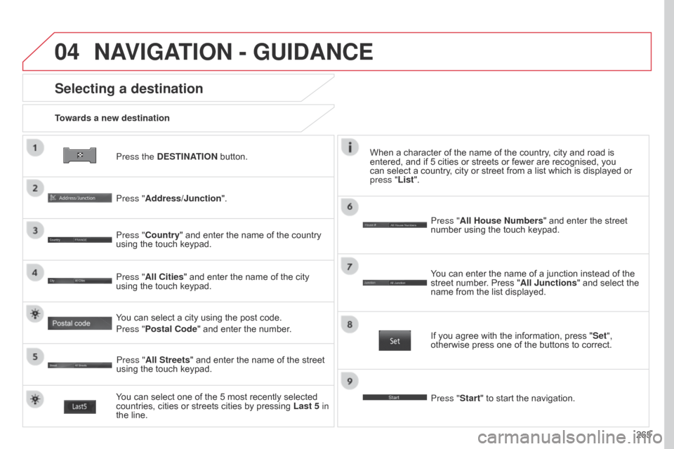 Citroen C4 AIRCROSS RHD 2017 1.G Owners Manual 04
265
Press the DESTINATION button.
Towards a new destination
Selecting a destination
Press "Address/Junction".
Press "Country" and enter the name of the country
using the touch keypad.
You can sele Citroen C4 AIRCROSS RHD 2017 1.G Owners Manual 04
265
Press the DESTINATION button.
Towards a new destination
Selecting a destination
Press "Address/Junction".
Press "Country" and enter the name of the country
using the touch keypad.
You can sele