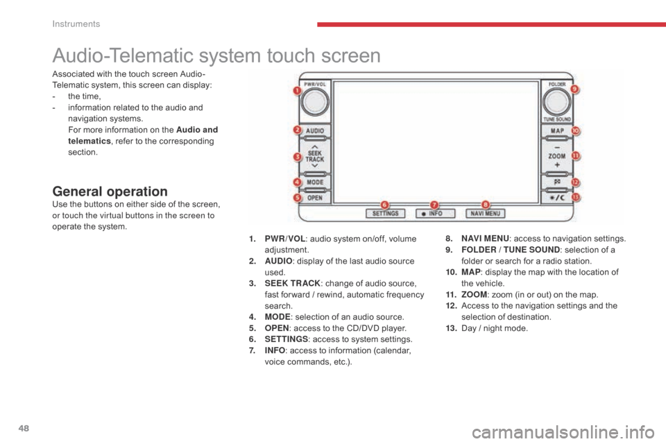 Citroen C4 AIRCROSS RHD 2017 1.G Owners Manual 48
Audio-Telematic system touch screen
General operationUse the buttons on either side of the screen,
or touch the virtual buttons in the screen to
operate the system.1.
P
WR / VOL: audio system o Citroen C4 AIRCROSS RHD 2017 1.G Owners Manual 48
Audio-Telematic system touch screen
General operationUse the buttons on either side of the screen,
or touch the virtual buttons in the screen to
operate the system.1.
P
WR / VOL: audio system o