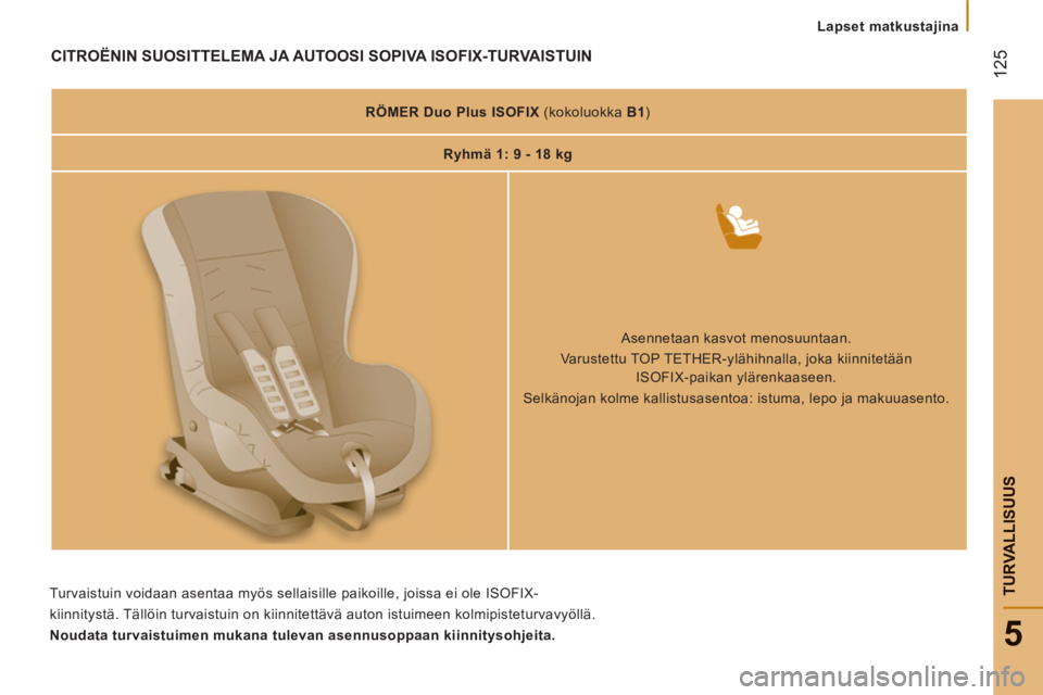 CITROEN JUMPER 2012  Omistajan Käsikirjat (in Finnish) 12
5
5
TURVALLISUU
S
Lapset matkustajina
CITROËNIN SUOSITTELEMA JA AUTOOSI SOPIVA ISOFIX-TURVAISTUIN  
 
 
 
 
RÖMER Duo Plus ISOFIX 
 (kokoluokka  B1 
)  
   
 
Ryhmä 1: 9 - 18 kg  
 
 
 
 
 
 
 
