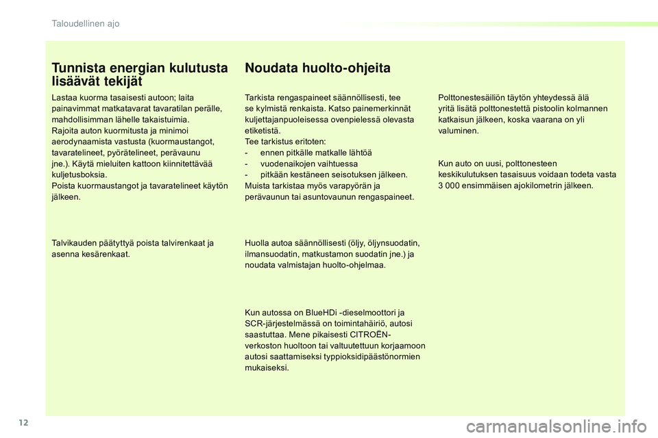 CITROEN JUMPER SPACETOURER 2017  Omistajan Käsikirjat (in Finnish) 12
Spacetourer-VP_fi_Chap00c_eco-conduite_ed01-2016
Tunnista energian kulutusta 
lisäävät tekijät
Lastaa kuorma tasaisesti autoon; laita 
painavimmat matkatavarat tavaratilan perälle, 
mahdollisi