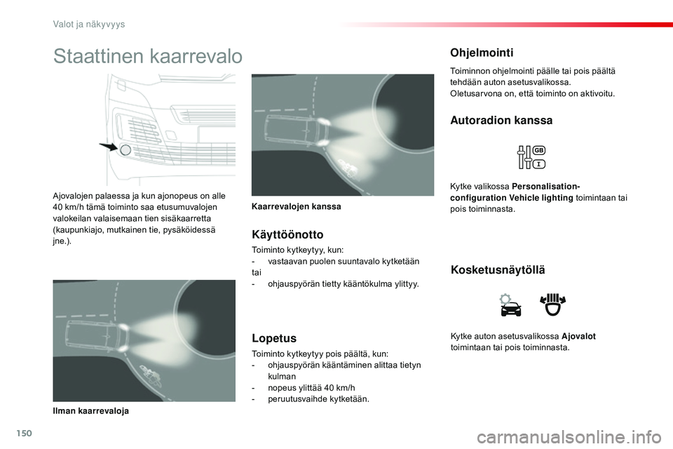 CITROEN JUMPER SPACETOURER 2017  Omistajan Käsikirjat (in Finnish) 150
Spacetourer-VP_fi_Chap04_eclairage-et-visibilite_ed01-2016
Kytke auton asetusvalikossa Ajovalot 
toimintaan tai pois toiminnasta.
Kosketusnäytöllä
Autoradion kanssa
Kytke valikossa Personalisat