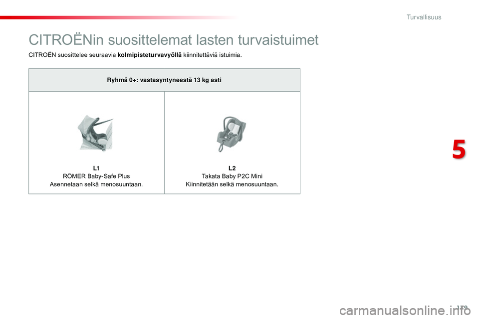 CITROEN JUMPER SPACETOURER 2017  Omistajan Käsikirjat (in Finnish) 179
Spacetourer-VP_fi_Chap05_securite_ed01-2016
CITROËNin suosittelemat lasten turvaistuimet
CITROËN suosittelee seuraavia kolmipisteturvavyöllä kiinnitettäviä istuimia.
Ryhmä 0+: vastasyntynee