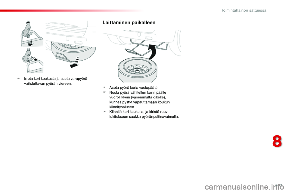 CITROEN JUMPER SPACETOURER 2017  Omistajan Käsikirjat (in Finnish) 293
Spacetourer-VP_fi_Chap08_En-cas-de-panne_ed01-2016
F Irrota kori koukusta ja aseta varapyörä vaihdettavan pyörän viereen.
Laittaminen paikalleen
F Aseta pyörä koria vastapäätä.
F N osta p