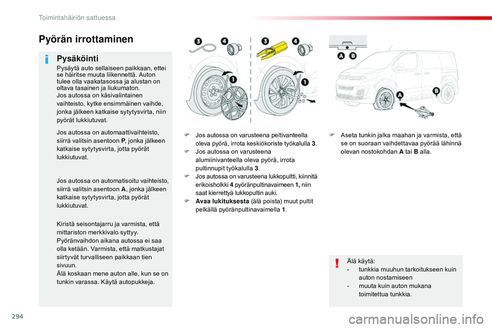 CITROEN JUMPER SPACETOURER 2017  Omistajan Käsikirjat (in Finnish) 294
Spacetourer-VP_fi_Chap08_En-cas-de-panne_ed01-2016
F Jos autossa on varusteena peltivanteella oleva pyörä, irrota keskiökoriste työkalulla 3 .
F
 
J
 os autossa on varusteena 
alumiinivanteell