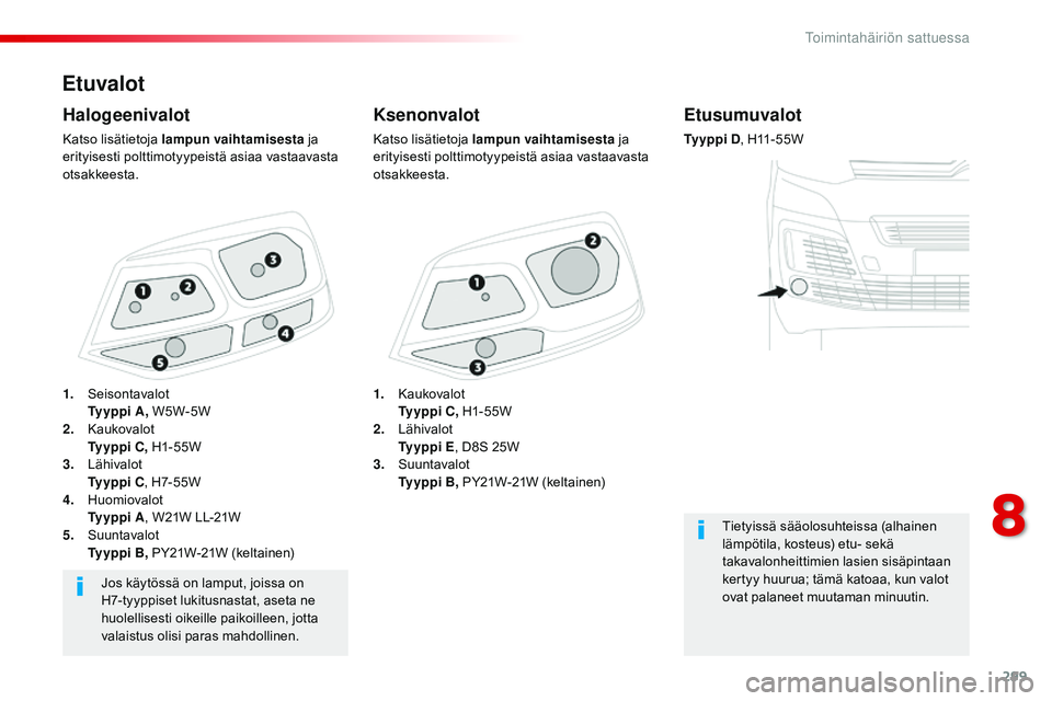 CITROEN JUMPER SPACETOURER 2017  Omistajan Käsikirjat (in Finnish) 299
Spacetourer-VP_fi_Chap08_En-cas-de-panne_ed01-2016
Etuvalot
Ksenonvalot
Katso lisätietoja lampun vaihtamisesta ja 
erityisesti polttimotyypeistä asiaa vastaavasta 
otsakkeesta.
Halogeenivalot
Ka