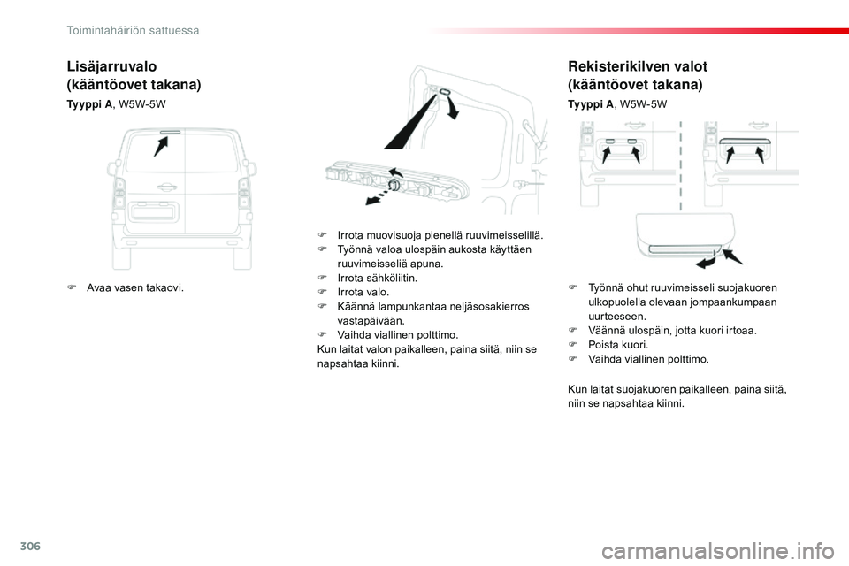 CITROEN JUMPER SPACETOURER 2017  Omistajan Käsikirjat (in Finnish) 306
Spacetourer-VP_fi_Chap08_En-cas-de-panne_ed01-2016
Rekisterikilven valot
(kääntöovet takana)
Ty y p p i  A, W5W-5W
F
 
I

rrota muovisuoja pienellä ruuvimeisselillä.
F
 
T

yönnä valoa ulos