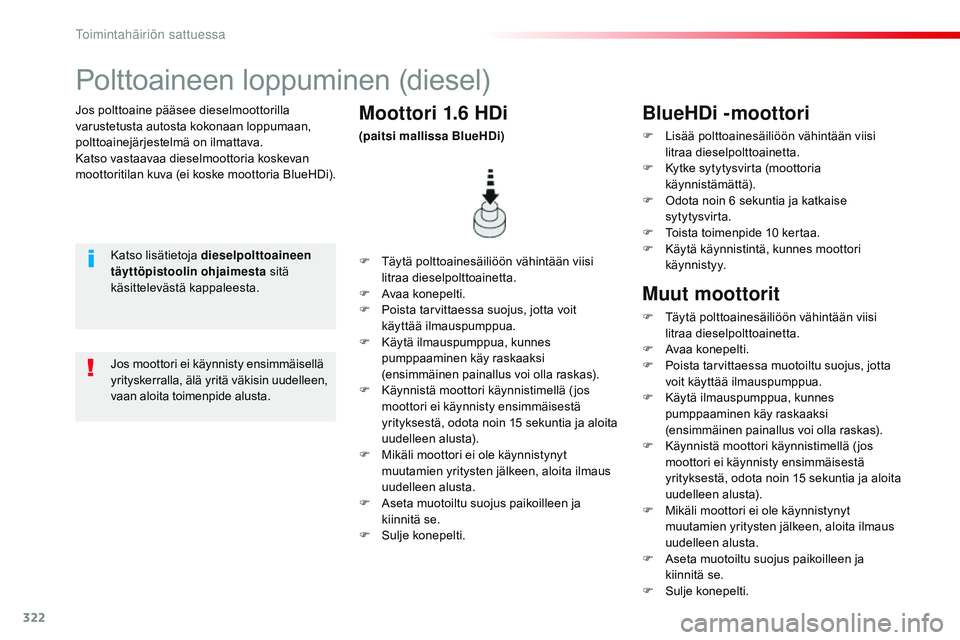 CITROEN JUMPER SPACETOURER 2017 Omistajan Käsikirjat (in Finnish) 322
Spacetourer-VP_fi_Chap08_En-cas-de-panne_ed01-2016
Jos polttoaine pääsee dieselmoottorilla
varustetusta autosta kokonaan loppumaan,
polttoainejärjestelmä on ilmattava.
Katso vastaavaa diesel CITROEN JUMPER SPACETOURER 2017 Omistajan Käsikirjat (in Finnish) 322
Spacetourer-VP_fi_Chap08_En-cas-de-panne_ed01-2016
Jos polttoaine pääsee dieselmoottorilla
varustetusta autosta kokonaan loppumaan,
polttoainejärjestelmä on ilmattava.
Katso vastaavaa diesel