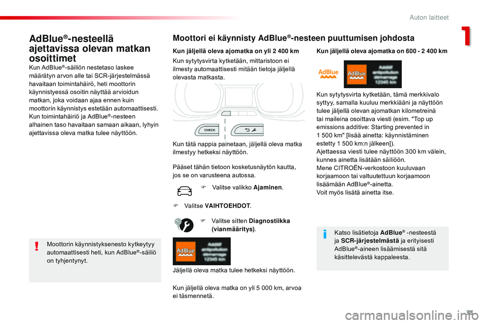 CITROEN JUMPER SPACETOURER 2017  Omistajan Käsikirjat (in Finnish) 33
Spacetourer-VP_fi_Chap01_instruments-de-bord_ed01-2016
AdBlue®-nesteellä 
ajettavissa olevan matkan 
osoittimet
Kun AdBlue®-säiliön nestetaso laskee 
määrätyn arvon alle tai SCR-järjestelm