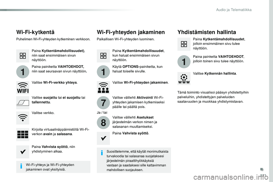 CITROEN JUMPER SPACETOURER 2017 Omistajan Käsikirjat (in Finnish) 371
11
1
7
8
Spacetourer-VP_fi_Chap10b_NAC-1_ed01-2016
Wi-Fi-kytkentäWi-Fi-yhteyden jakaminenYhdistämisten hallinta
Suosittelemme, että käytät monimutkaista
turvakoodia tai salasanaa suojatakses CITROEN JUMPER SPACETOURER 2017 Omistajan Käsikirjat (in Finnish) 371
11
1
7
8
Spacetourer-VP_fi_Chap10b_NAC-1_ed01-2016
Wi-Fi-kytkentäWi-Fi-yhteyden jakaminenYhdistämisten hallinta
Suosittelemme, että käytät monimutkaista
turvakoodia tai salasanaa suojatakses