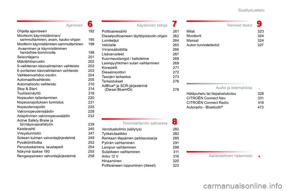 CITROEN JUMPER SPACETOURER 2017 Omistajan Käsikirjat (in Finnish) .
.
Spacetourer-VP_fi_Chap00a_sommaire_ed01-2016
Ohjeita ajamiseen 192
Moottorin käynnistäminen/
sammuttaminen, avain, kauko-ohjain
1
95
Moottorin käynnistäminen-sammuttaminen
1
98
Avaamine CITROEN JUMPER SPACETOURER 2017 Omistajan Käsikirjat (in Finnish) .
.
Spacetourer-VP_fi_Chap00a_sommaire_ed01-2016
Ohjeita ajamiseen 192
Moottorin käynnistäminen/
sammuttaminen, avain, kauko-ohjain
1
95
Moottorin käynnistäminen-sammuttaminen
1
98
Avaamine