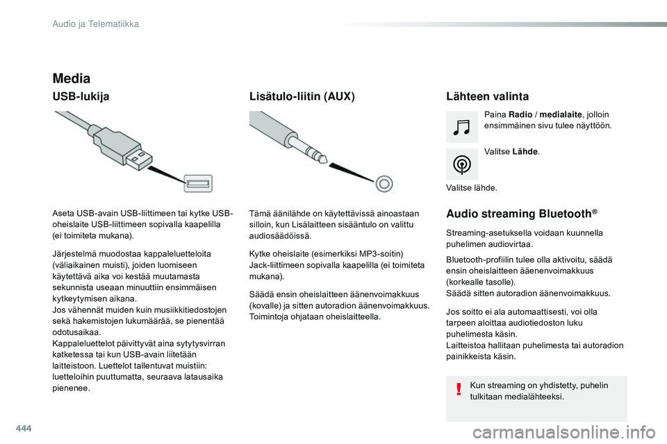 CITROEN JUMPER SPACETOURER 2017 Omistajan Käsikirjat (in Finnish) 444
Spacetourer-VP_fi_Chap10c_RCC-1_ed01-2016
Media
USB-lukijaLähteen valinta
Valitse Lähde.
Paina
Radio / medialaite , jolloin
ensimmäinen sivu tulee näyttöön.
Järjestelmä muodostaa kappale CITROEN JUMPER SPACETOURER 2017 Omistajan Käsikirjat (in Finnish) 444
Spacetourer-VP_fi_Chap10c_RCC-1_ed01-2016
Media
USB-lukijaLähteen valinta
Valitse Lähde.
Paina
Radio / medialaite , jolloin
ensimmäinen sivu tulee näyttöön.
Järjestelmä muodostaa kappale