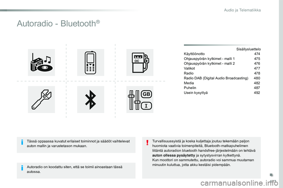 CITROEN JUMPER SPACETOURER 2017  Omistajan Käsikirjat (in Finnish) 473
Spacetourer-VP_fi_Chap10d_RD6_ed01-2016
Autoradio - Bluetooth®
Sisällysluettelo
Käyttöönotto 4 74
Ohjauspyörän kytkimet - malli 1
 
4
 75
Ohjauspyörän kytkimet - malli 2
 
4
 76
Valikot
 