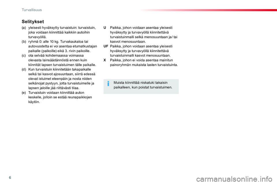 CITROEN JUMPER SPACETOURER 2017  Omistajan Käsikirjat (in Finnish) 6
Tu r v a l l i s u u s
   
 
 
 
 
 
 
 
Selitykset  
 
 
(a)  yleisesti hyväksytty turvaistuin: turvaistuin, 
joka voidaan kiinnittää kaikkiin autoihin 
turvavyöllä. 
  (b)  ryhmä 0: alle 10 