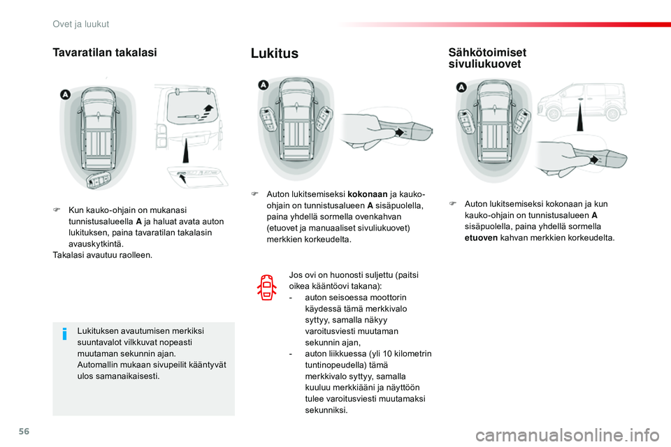 CITROEN JUMPER SPACETOURER 2017 Omistajan Käsikirjat (in Finnish) 56
Spacetourer-VP_fi_Chap02_ouvertures_ed01-2016
Tavaratilan takalasi
F Kun kauko-ohjain on mukanasi tunnistusalueella A ja haluat avata auton
lukituksen, paina tavaratilan takalasin
avauskytkintä CITROEN JUMPER SPACETOURER 2017 Omistajan Käsikirjat (in Finnish) 56
Spacetourer-VP_fi_Chap02_ouvertures_ed01-2016
Tavaratilan takalasi
F Kun kauko-ohjain on mukanasi tunnistusalueella A ja haluat avata auton
lukituksen, paina tavaratilan takalasin
avauskytkintä