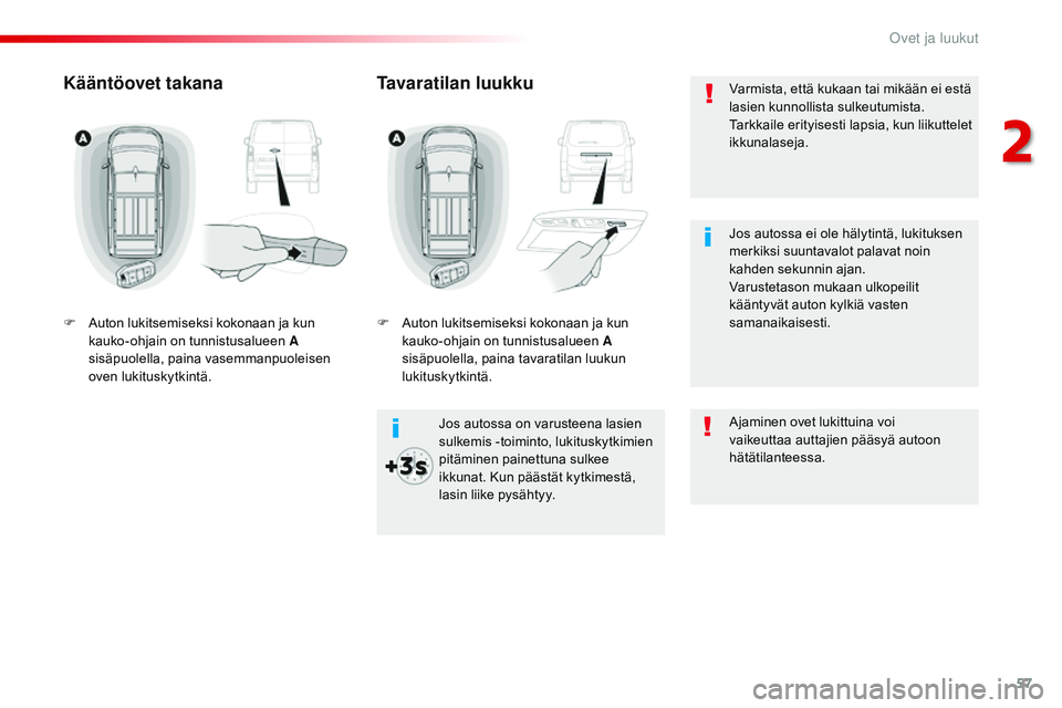 CITROEN JUMPER SPACETOURER 2017  Omistajan Käsikirjat (in Finnish) 57
Spacetourer-VP_fi_Chap02_ouvertures_ed01-2016
Varmista, että kukaan tai mikään ei estä 
lasien kunnollista sulkeutumista.
Tarkkaile erityisesti lapsia, kun liikuttelet 
ikkunalaseja.
Jos autoss