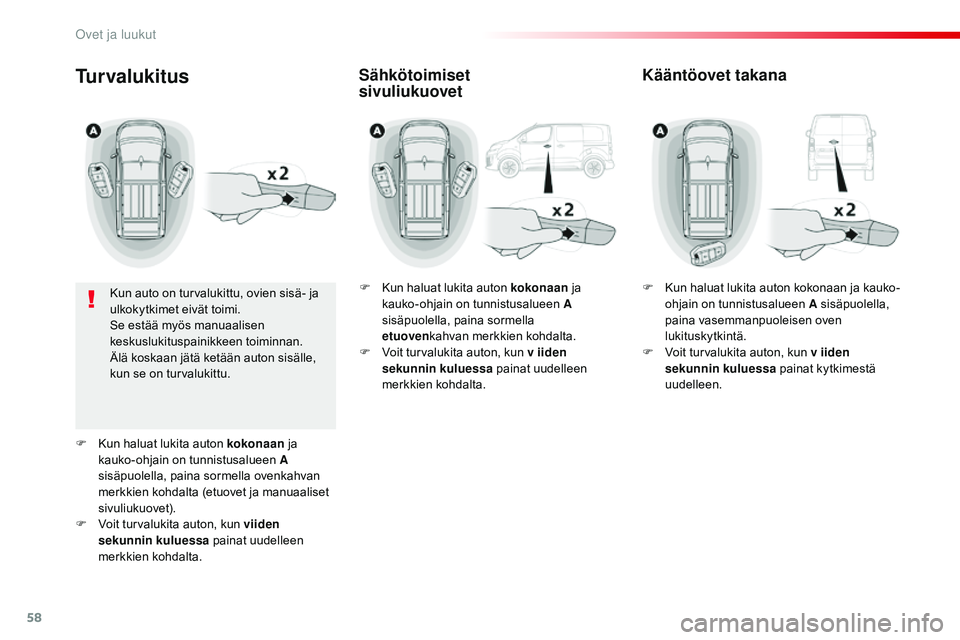 CITROEN JUMPER SPACETOURER 2017 Omistajan Käsikirjat (in Finnish) 58
Spacetourer-VP_fi_Chap02_ouvertures_ed01-2016
Turvalukitus
Kun auto on turvalukittu, ovien sisä- ja
ulkokytkimet eivät toimi.
Se estää myös manuaalisen
keskuslukituspainikkeen toiminnan.
Äl CITROEN JUMPER SPACETOURER 2017 Omistajan Käsikirjat (in Finnish) 58
Spacetourer-VP_fi_Chap02_ouvertures_ed01-2016
Turvalukitus
Kun auto on turvalukittu, ovien sisä- ja
ulkokytkimet eivät toimi.
Se estää myös manuaalisen
keskuslukituspainikkeen toiminnan.
Äl