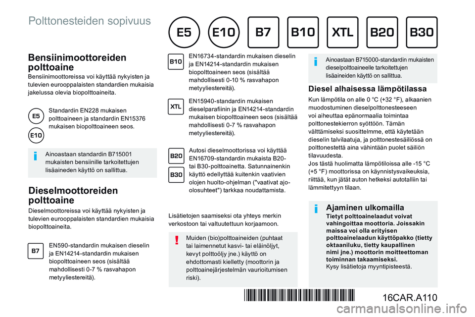 CITROEN JUMPER SPACETOURER 2017  Omistajan Käsikirjat (in Finnish)           Bensiinimoottoreiden 
polttoaine 
  Bensiinimoottoreissa voi käyttää nykyisten ja tulevien eurooppalaisten standardien mukaisia jakelussa olevia biopolttoaineita. 
          Dieselmoottor