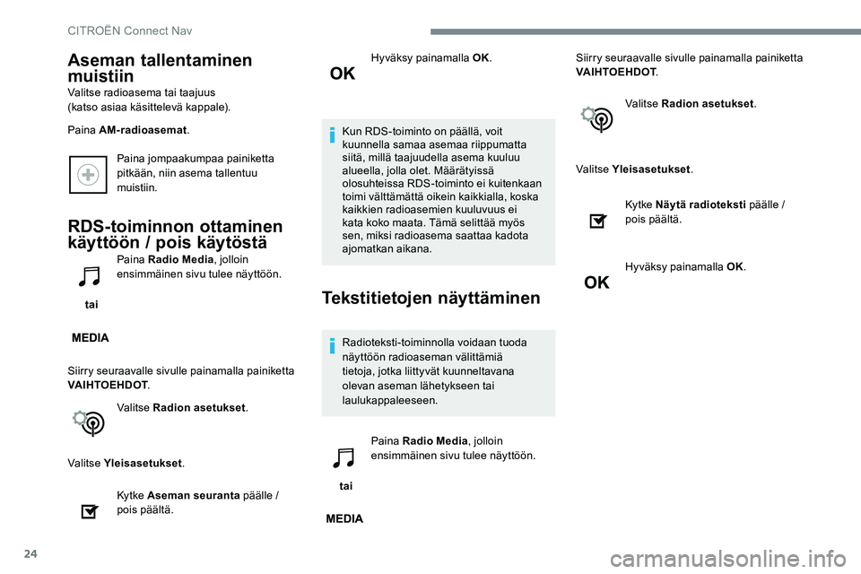 CITROEN JUMPER SPACETOURER 2017 Omistajan Käsikirjat (in Finnish) 24
Paina jompaakumpaa painiketta
pitkään, niin asema tallentuu
muistiin.
RDS-toiminnon ottaminen
käyttöön / pois käytöstä
tai Paina Radio Media
, jolloin
ensimmäinen sivu tulee näyttö CITROEN JUMPER SPACETOURER 2017 Omistajan Käsikirjat (in Finnish) 24
Paina jompaakumpaa painiketta
pitkään, niin asema tallentuu
muistiin.
RDS-toiminnon ottaminen
käyttöön / pois käytöstä
tai Paina Radio Media
, jolloin
ensimmäinen sivu tulee näyttö