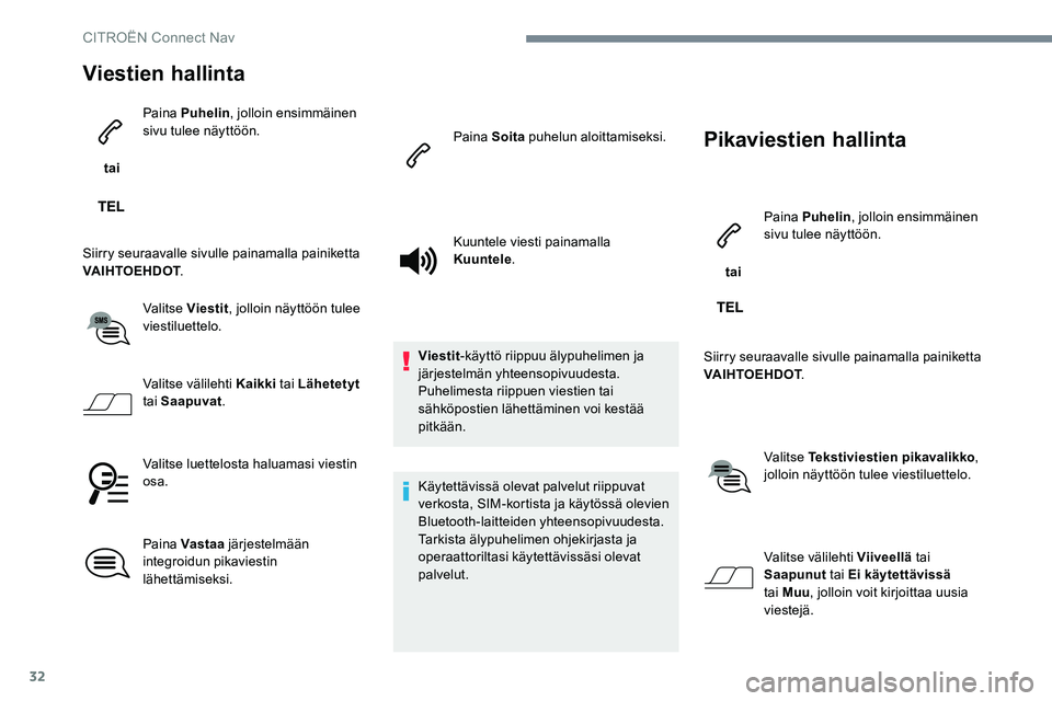 CITROEN JUMPER SPACETOURER 2017 Omistajan Käsikirjat (in Finnish) 32
Viestien hallinta
tai Paina Puhelin
, jolloin ensimmäinen
sivu tulee näyttöön.
Siirry seuraavalle sivulle painamalla painiketta
VAIHTOEHDOT .
Valitse Viestit , jolloin näyttöön tulee
vie CITROEN JUMPER SPACETOURER 2017 Omistajan Käsikirjat (in Finnish) 32
Viestien hallinta
tai Paina Puhelin
, jolloin ensimmäinen
sivu tulee näyttöön.
Siirry seuraavalle sivulle painamalla painiketta
VAIHTOEHDOT .
Valitse Viestit , jolloin näyttöön tulee
vie