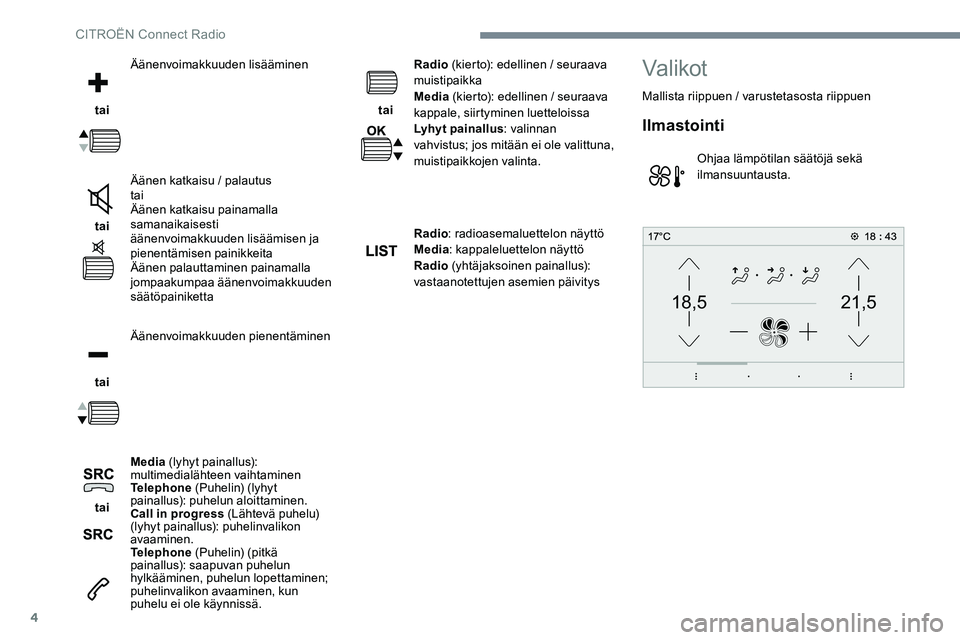 CITROEN JUMPER SPACETOURER 2017 Omistajan Käsikirjat (in Finnish) 4
21,518,5
tai Äänenvoimakkuuden lisääminen
tai Äänen katkaisu / palautus
tai
Äänen katkaisu painamalla
samanaikaisesti
äänenvoimakkuuden lisäämisen ja
pienentämisen painikkeita
Ä CITROEN JUMPER SPACETOURER 2017 Omistajan Käsikirjat (in Finnish) 4
21,518,5
tai Äänenvoimakkuuden lisääminen
tai Äänen katkaisu / palautus
tai
Äänen katkaisu painamalla
samanaikaisesti
äänenvoimakkuuden lisäämisen ja
pienentämisen painikkeita
Ä