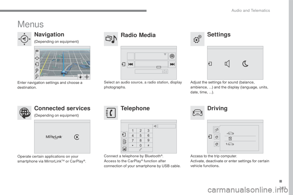 Citroen C5 2017 (RD/TD) / 2.G Owners Manual 257
C5_en_Chap10b_SMEGplus_ed01-2016
Menus
Settings
Radio Media
Navigation
Driving
Connected services Telephone
Adjust the settings for sound (balance, 
ambience, ...) and the display (language, units