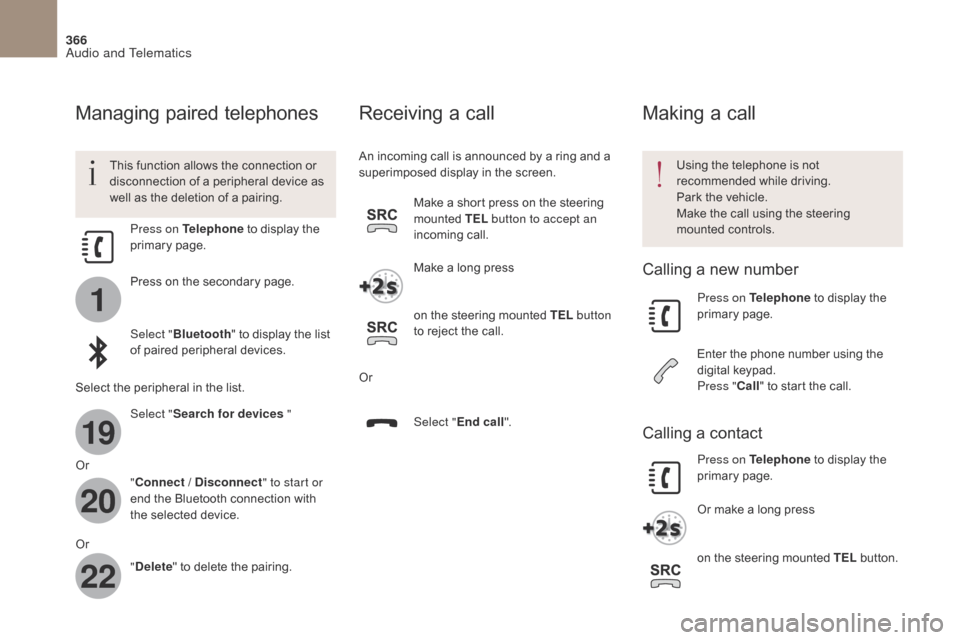 Citroen DS4 2017 1.G Owners Manual 1
19
20
22
366
DS4_en_Chap10b_SMEGplus_ed01-2016
Managing paired telephones
This function allows the connection or
disconnection of a peripheral device as
well as the deletion of a pairing.Using the Citroen DS4 2017 1.G Owners Manual 1
19
20
22
366
DS4_en_Chap10b_SMEGplus_ed01-2016
Managing paired telephones
This function allows the connection or
disconnection of a peripheral device as
well as the deletion of a pairing.Using the