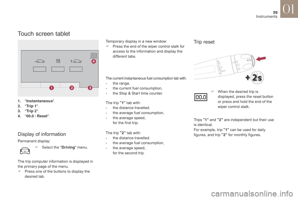 Citroen DS4 2017 1.G Owners Manual 59
DS4_en_Chap01_instruments-de-bord_ed01-2016
Touch screen tablet
Display of information
Permanent display:Temporary display in a new window:
F
P
ress the end of the wiper control stalk for
acces Citroen DS4 2017 1.G Owners Manual 59
DS4_en_Chap01_instruments-de-bord_ed01-2016
Touch screen tablet
Display of information
Permanent display:Temporary display in a new window:
F
P
ress the end of the wiper control stalk for
acces