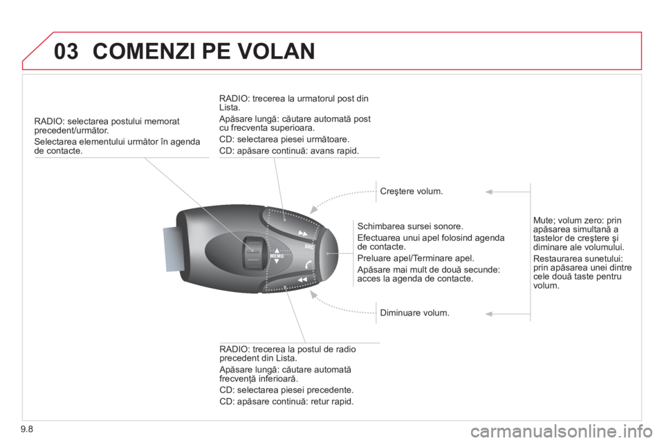 CITROEN BERLINGO ELECTRIC 2015  Ghiduri De Utilizare (in Romanian) 9.8
03COMENZI PE VOLAN 
RADIO: selectarea postului memorat precedent/următor. 
Selectarea elementului următor în agendade contacte.  
  
Schimbarea sursei sonore.
 E
fectuarea unui apel folosind ag