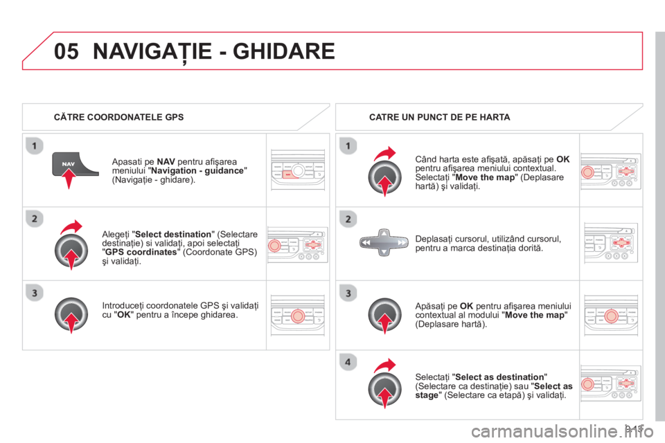 CITROEN BERLINGO ELECTRIC 2015  Ghiduri De Utilizare (in Romanian) 9.13
05
  Alegeţi "Select destination " (Selectare 
destinaţie) si validaţi, apoi selectaţi"GPS coordinates " (Coordonate GPS) şi validaţi.  
  Introduce
ţi coordonatele GPS  şi validaţicu "O