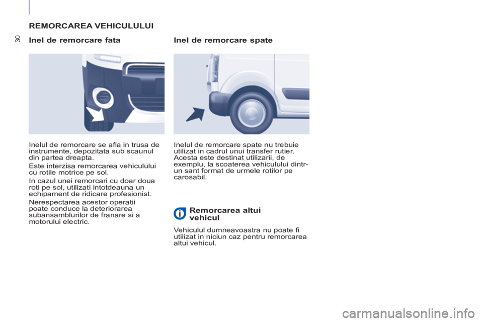 CITROEN BERLINGO ELECTRIC 2015  Ghiduri De Utilizare (in Romanian) 30
  REMORCAREA VEHICULULUI 
   
Inel de remorcare fata 
 
Inelul de remorcare spate nu trebuie 
utilizat in cadrul unui transfer rutier. 
Acesta este destinat utilizarii, de 
exemplu, la scoaterea ve