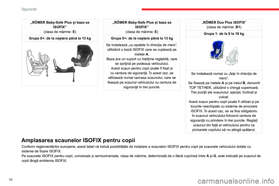 CITROEN BERLINGO VAN 2021  Ghiduri De Utilizare (in Romanian) 90
Siguranță
„RÖMER Baby-Safe Plus și baza sa ISOFIX”
(clasa de mărime:  E)
Grupa 0+: de la naștere până la 13 kg
 
 
„RÖMER Baby-Safe Plus și baza sa  ISOFIX”
(clasa de mărime:  E)