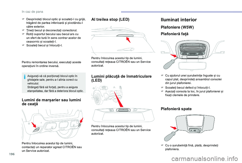 CITROEN C3 AIRCROSS 2019  Ghiduri De Utilizare (in Romanian) 196
F Desprindeți blocul optic și scoateți-l cu grijă, trăgând de partea inferioară și pivotându-l 
către exterior.
F
 
Ț
 ineți becul și deconectați conectorul.
F
 
R
 otiți suportul b