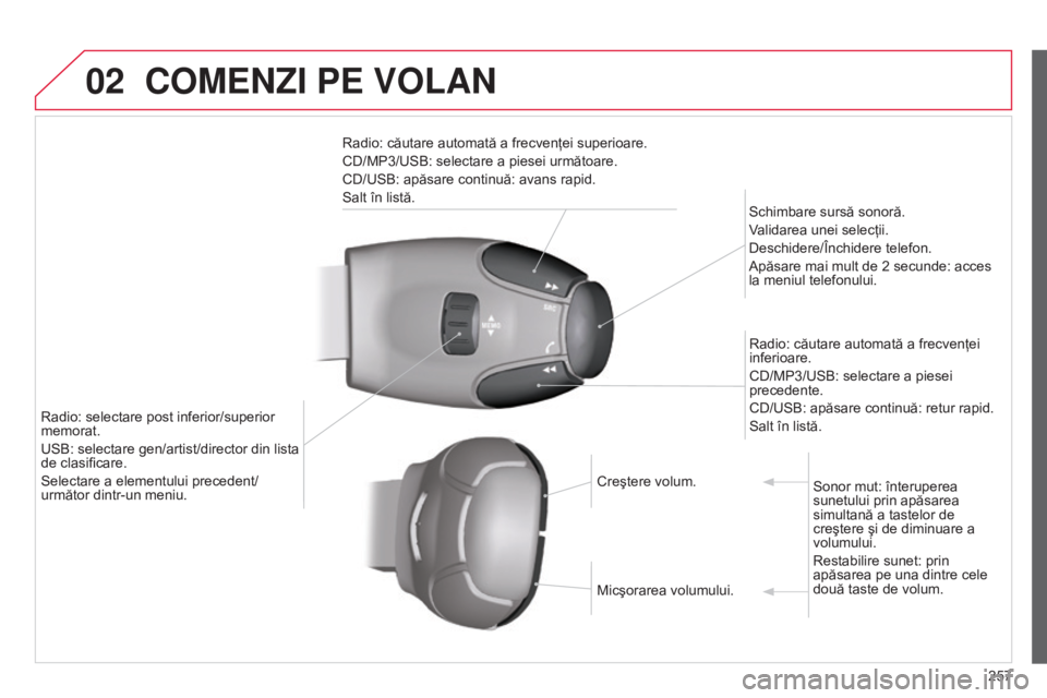 CITROEN C3 PICASSO 2015  Ghiduri De Utilizare (in Romanian) 02
257
C3Picasso_ro_Chap13c_rd45_ed01_2014
COMENZI PE VOLAN
Radio: căutare automată a frecvenţei superioare.
CD/MP3/USB: selectare a piesei următoare.
CD/USB: apăsare continuă: avans rapid.
Salt