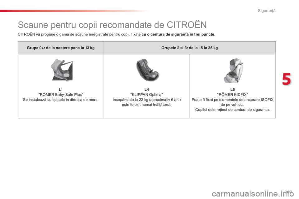 CITROEN C4 CACTUS 2016  Ghiduri De Utilizare (in Romanian) 107
C4-cactus_ro_Chap05_securite_ed01-2015
Scaune pentru copii recomandate de CITROËN
Grupa 0+: de la nastere pana la 13 kgGrupele 2 si 3: de la 15 la 36 kg
L1  
"RÖMER Baby-Safe Plus"
Se in