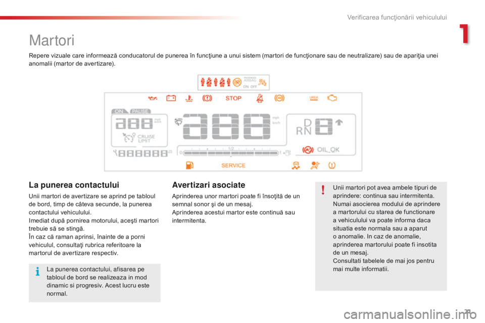 CITROEN C4 CACTUS 2014 Ghiduri De Utilizare (in Romanian) 21
E3_ro_Chap01_controle-de-marche_ed01-2014
Martori
Unii martori pot avea ambele tipuri de
aprindere: continua sau intermitenta.
Numai asocierea modului de aprindere
a martorului cu starea de funct CITROEN C4 CACTUS 2014 Ghiduri De Utilizare (in Romanian) 21
E3_ro_Chap01_controle-de-marche_ed01-2014
Martori
Unii martori pot avea ambele tipuri de
aprindere: continua sau intermitenta.
Numai asocierea modului de aprindere
a martorului cu starea de funct