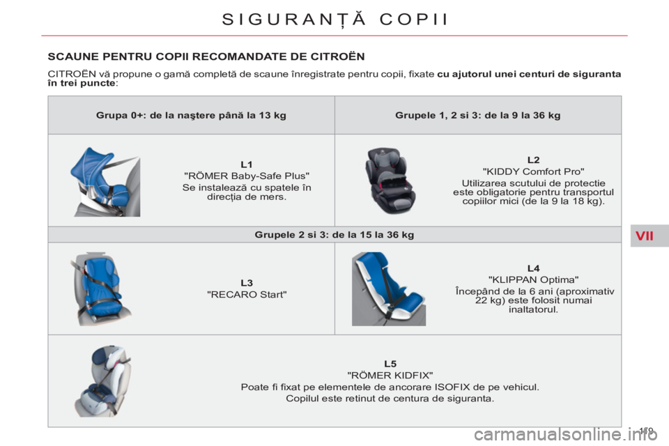 CITROEN C4 SPACETOURER 2013  Ghiduri De Utilizare (in Romanian) VII
11 9  
SIGURANŢĂ COPII
SCAUNE PENTRU COPII RECOMANDATE DE CITROËN 
 
CITROËN vă propune o gamă completă de scaune înregistrate pentru copii, ﬁ xate  cu ajutorul unei centuri de siguranta