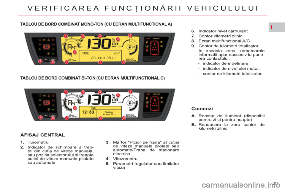 CITROEN C4 SPACETOURER 2013  Ghiduri De Utilizare (in Romanian) I
31 
VERIFICAREA FUNCŢIONĂRII VEHICULULUI
TABLOU DE BORD COMBINAT MONO-TON (CU ECRAN MULTIFUNCTIONAL A)
 
 
 
1. 
 Turometru 
   
2. 
  Indicator de schimbare a trep-
tei din cutia de viteze manual