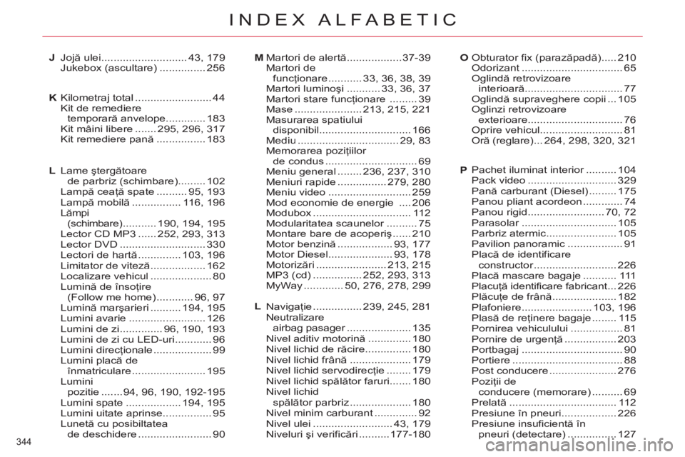CITROEN C4 SPACETOURER 2013 Ghiduri De Utilizare (in Romanian) 344
INDEX ALFABETIC
Jojă ulei ............................43,179Jukebox (ascultare) ............... 256
Kilometraj total .........................44
Kit de remediere
temporară anvelope............ CITROEN C4 SPACETOURER 2013 Ghiduri De Utilizare (in Romanian) 344
INDEX ALFABETIC
Jojă ulei ............................43,179Jukebox (ascultare) ............... 256
Kilometraj total .........................44
Kit de remediere
temporară anvelope............