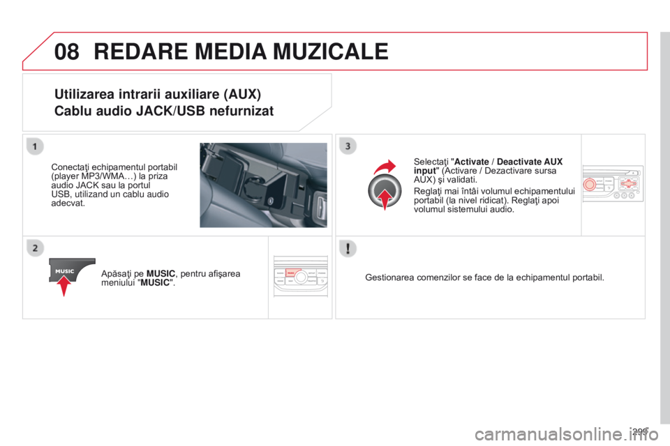 CITROEN C5 2015  Ghiduri De Utilizare (in Romanian) 08
299
C5_ro_Chap11b_RT6-2-8_ed01-2014
REDARE MEDIA MUZICALE
Utilizarea intrarii auxiliare (AUX)
Cablu audio JACK/USB nefurnizat
Conectaţi echipamentul portabil 
(player MP3/WMA…) la priza 
audio J