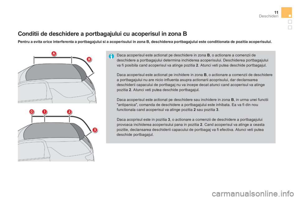 CITROEN DS3 CABRIO 2017  Ghiduri De Utilizare (in Romanian) 11Deschideri
DS3-Cabrio_ro_Chap02_ouvertures_ed02-2015
  Daca acoperisul este actionat pe deschidere in zona  B , o actionare a comenzii de 
deschidere a portbagajului determina inchiderea acoperisulu