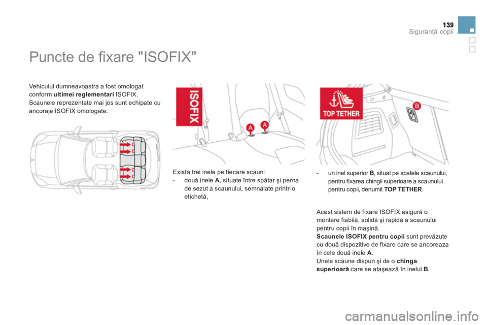 CITROEN DS3 CABRIO 2014  Ghiduri De Utilizare (in Romanian) Siguranţă copii
 
Vehiculul dumneavoastra a fost omologat conform ultimei reglementari 
 ISOFIX.
 Scaunele reprezentate mai jos sunt echipate cu 
ancoraje ISOFIX omologate: 
   
 
 
 
 
 
 
 
 
 
 

