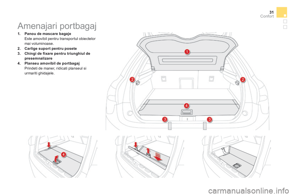 CITROEN DS5 HYBRID 2015  Ghiduri De Utilizare (in Romanian) 31Confort
DS5Hy4_ro_Chap03_confort_ed01-2015
                        Amenajari portbagaj 
1.    Panou de mascare bagaje       Este amovibil pentru transportul obiectelor mai voluminoase. 2.    Carlige