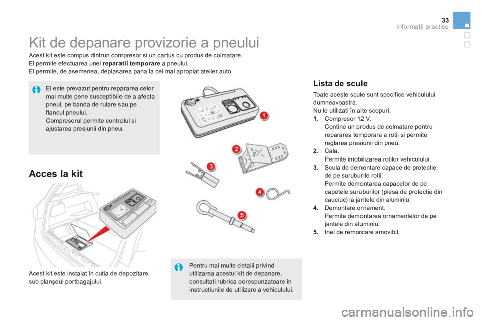 CITROEN DS5 HYBRID 2015  Ghiduri De Utilizare (in Romanian) 33Informaţii practice
DS5Hy4_ro_Chap08_info-pratiques_ed01-2015
           Kit de depanare provizorie a pneului 
  Acest kit este compus dintrun compresor si un cartus cu produs de colmatare.  El per