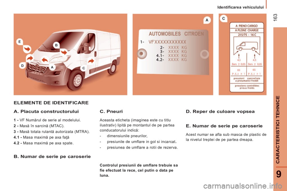 CITROEN JUMPER 2015  Ghiduri De Utilizare (in Romanian)    Identificarea  vehiculului   
 163
9
CARACTERISTICI TEHNICE
JUMPER-PAPIER_RO_CHAP09_CARACTERISTIQUES TECHNIQUES_ED01-2014
 ELEMENTE DE IDENTIFICARE 
  A.  Placuta  constructorului 
  1 -  VF Număr